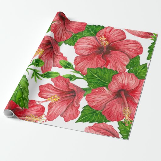 Rood hibiscus waterverf patroon cadeaupapier (Uitgerold)