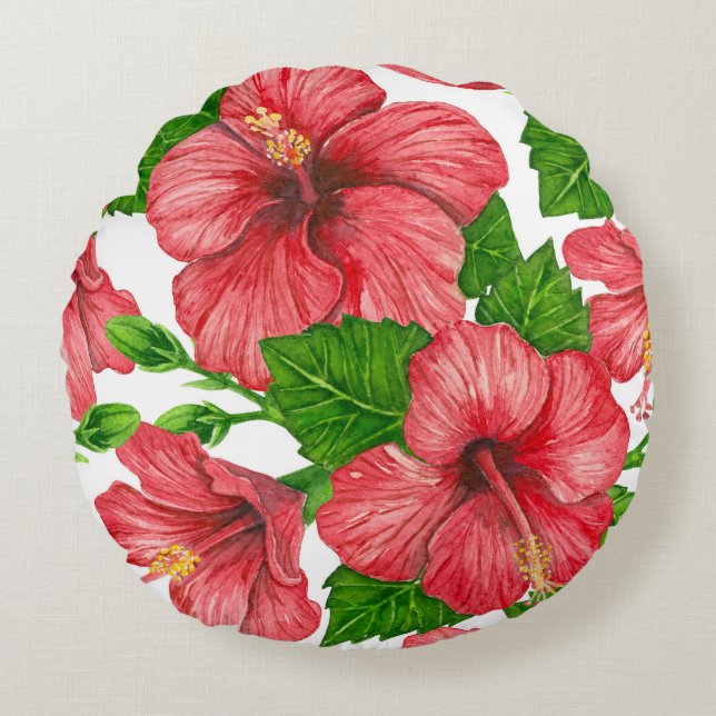 Rood hibiscus waterverf patroon rond kussen (Voorkant)