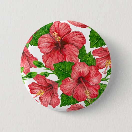 Rood hibiscus waterverf patroon ronde button 5,7 cm (Voorkant)