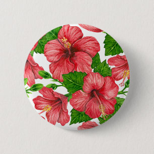 Rood hibiscus waterverf patroon ronde button 5,7 cm