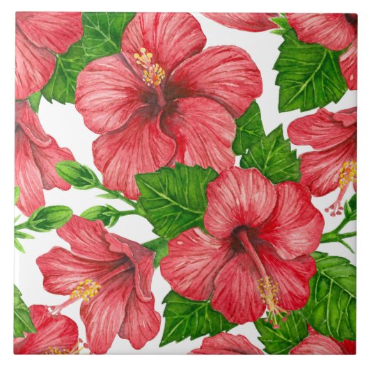 Rood hibiscus waterverf patroon tegeltje (Voorkant)