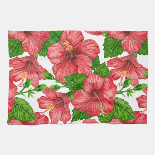 Rood hibiscus waterverf patroon theedoek (Horizontaal)