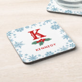 Rood Holly Blauw Sneeuwvlokken Kerstmis Monogram Bier Onderzetter (Linkerzijde)