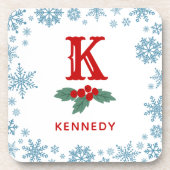 Rood Holly Blauw Sneeuwvlokken Kerstmis Monogram Bier Onderzetter (Voorkant)