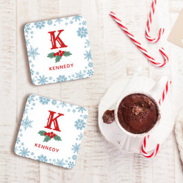 Rood Holly Blauw Sneeuwvlokken Kerstmis Monogram Bier Onderzetter