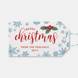 Rood Holly Blauw Sneeuwvlokken Vrolijk Kerstfeest  Cadeaulabel