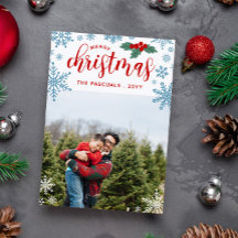 Rood Holly Blauw Sneeuwvlokken Vrolijk Kerstmis Fo