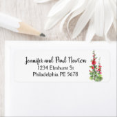 Rood hollyhock met lichtblauw label voor retouradr (Insitu)