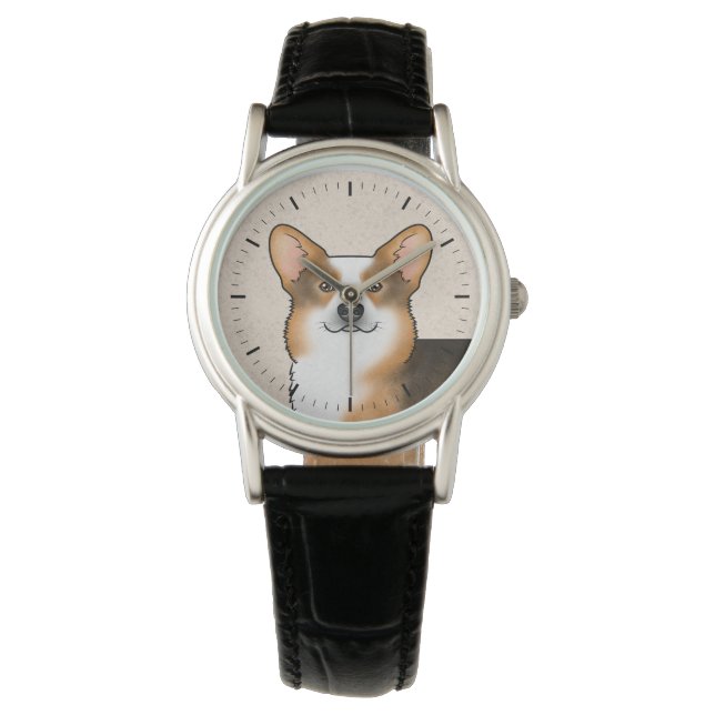 Rood hoofd Tri Pembroke Welsh Corgi Dog Portret Horloge (Voorkant)