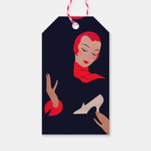  rood hoofd vrouw & schoen reclame 1940 cadeaulabel (Voorkant)