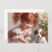 Rood hoofdmeisje met haar puppy briefkaart (Voorkant / Achterkant)