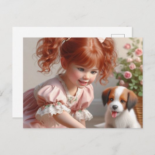 Rood hoofdmeisje met haar puppy briefkaart (Voorkant / Achterkant)
