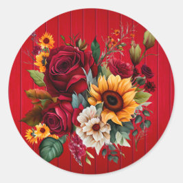 Rood Hout Rozen en Zonnebloemen Bruiloft Ronde Sticker