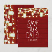 Rood Hout & Snaar Lichtjes Rustieke Bewaar De Datu Aankondigingskaart (Voorkant / Achterkant)