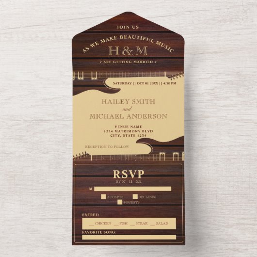 Rood hout & Tan Bruin Gitaar Bruiloft All In One Uitnodiging (Binnen)