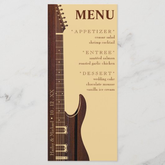 Rood hout & Tan Bruine Gitaar Bruiloft Receptie Menu (Voorkant)