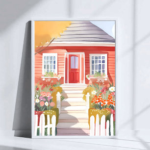 Rood Huis   Mooie Aquarel Schildering Poster