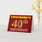 Rood, Imitatie Goud "40e VERJAARDAG" Verjaardag Ka Kaart (Gele Bloem)