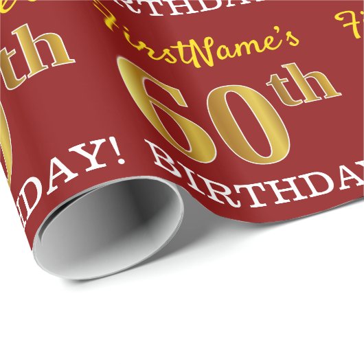 Rood, Imitatie Goud Kijk "60e VERJAARDAG" Cadeaupapier (Rol Hoek)