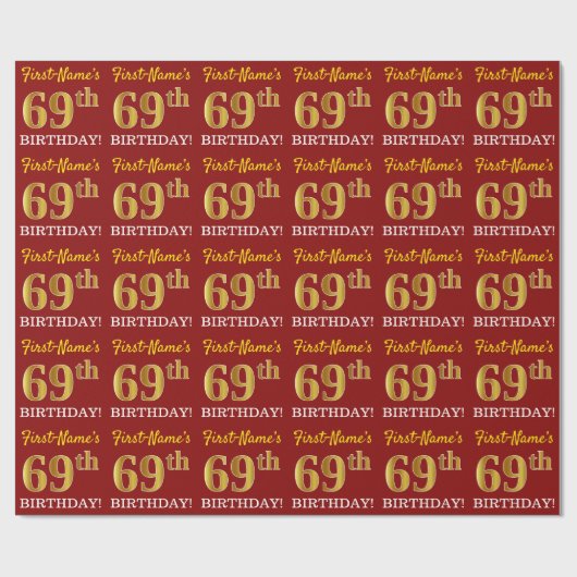 Rood, Imitatie Goud Kijk "69e VERJAARDAG" Cadeaupapier (Vlak)