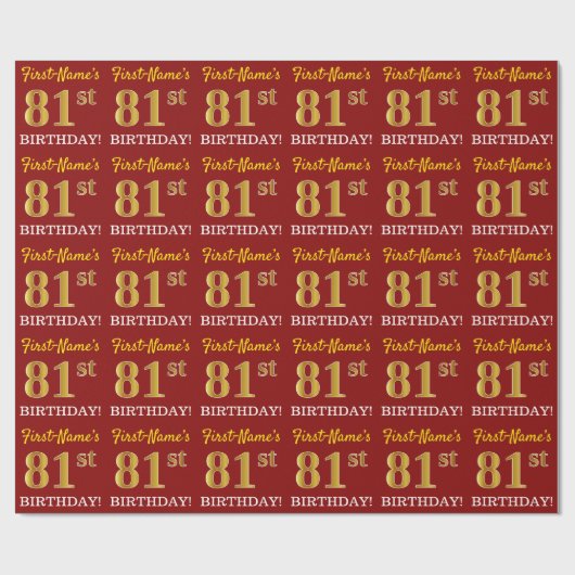 Rood, Imitatie Goud Kijk "81e VERJAARDAG" Cadeaupapier (Vlak)