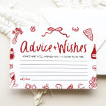 Rood Italiaans advies en wensen Vrijgezellenfeest  Kaart<br><div class="desc">🍕 Dat is Amore Advies & Wishes Game – Italiaans geïnspireerde liefdesbriefjes voor de bruid! 🇮🇹💌 Voeg een vleugje amore toe aan je vrijgezellenfeest met dit grillige handgetekende "Advice and Wishes"-spel, met charmante rood-witte pizzagerechten en wijndoodles met coquetteflair. Gasten kunnen oprechte adviezen, grappige tips en goede wensen voor de aanstaande...</div>