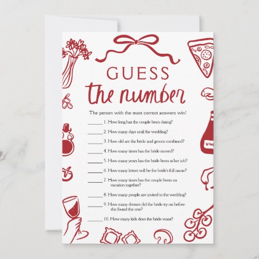 Rood Italiaans Guess Het Nummer Vrijgezellenfeest  Kaart (Voorkant)