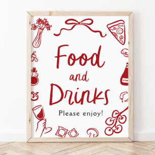Rood Italiaans handgetekend bord met eten en drank Poster