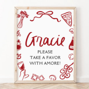 Rood Italiaans handgetekend pizza pasta favors bor Poster