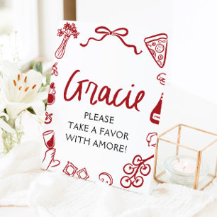 Rood Italiaans handgetekend pizza pasta favors bor Reclamebord Met Voetstuk