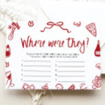 Rood Italiaans waar waren ze Vrijgezellenfeest spe Kaart<br><div class="desc">🍕 "Waar waren ze?" – Italian Vrijgezellenfeest Memory Challenge! 💍 Voeg wat gelach en nostalgie toe aan uw feest met deze grillige handgetekende Italiaanse thema Waar waren ze? spel! Met charmante rood-witte pizza, wijn en meer doodles, is dit spel net zo leuk als een wandeling door de straten van Rome....</div>