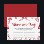 Rood Italiaans waar waren ze Vrijgezellenfeest spe Kaart<br><div class="desc">🍕 "Waar waren ze?" – Italian Vrijgezellenfeest Memory Challenge! 💍 Voeg wat gelach en nostalgie toe aan uw feest met deze grillige handgetekende Italiaanse thema Waar waren ze? spel! Met charmante rood-witte pizza, wijn en meer doodles, is dit spel net zo leuk als een wandeling door de straten van Rome....</div>