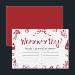 Rood Italiaans waar waren ze Vrijgezellenfeest spe Kaart<br><div class="desc">🍕 "Waar waren ze?" – Italian Vrijgezellenfeest Memory Challenge! 💍 Voeg wat gelach en nostalgie toe aan uw feest met deze grillige handgetekende Italiaanse thema Waar waren ze? spel! Met charmante rood-witte pizza, wijn en meer doodles, is dit spel net zo leuk als een wandeling door de straten van Rome....</div>