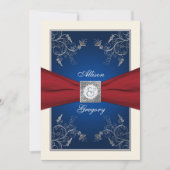 Rood Ivoor Blauw Bloemen Monogram Bruiloft Uitnodi Kaart (Voorkant)