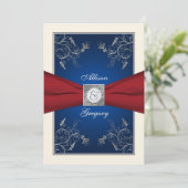 Rood Ivoor Blauw Bloemen Monogram Bruiloft Uitnodi Kaart (Staand voorkant)