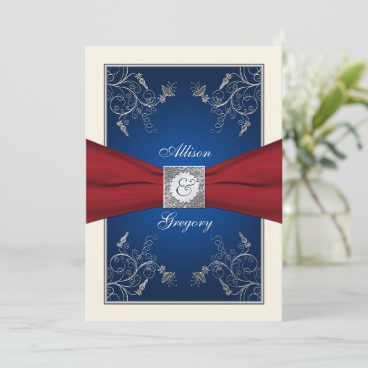 Rood Ivoor Blauw Bloemen Monogram Bruiloft Uitnodi Kaart (Staand voorkant)