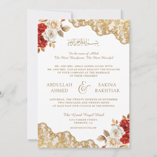Rood Ivoor Bloemen Goud Kant QR Code Moslim Bruilo Kaart (Voorkant)