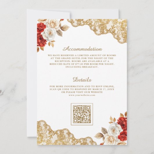 Rood Ivoor Bloemen Goud Kant QR Code Moslim Bruilo Kaart (Achterkant)