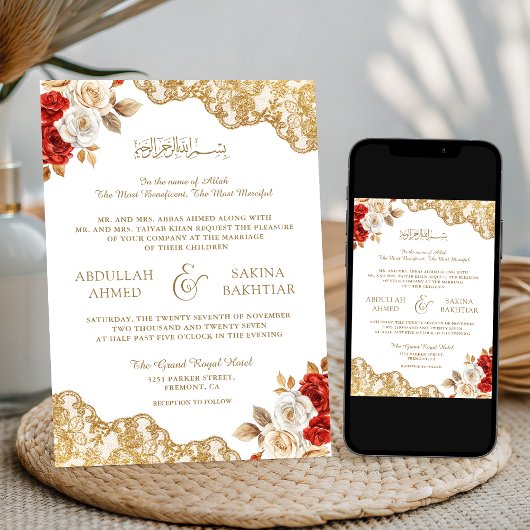 Rood Ivoor Bloemen Goud Kant QR Code Moslim Bruilo Kaart