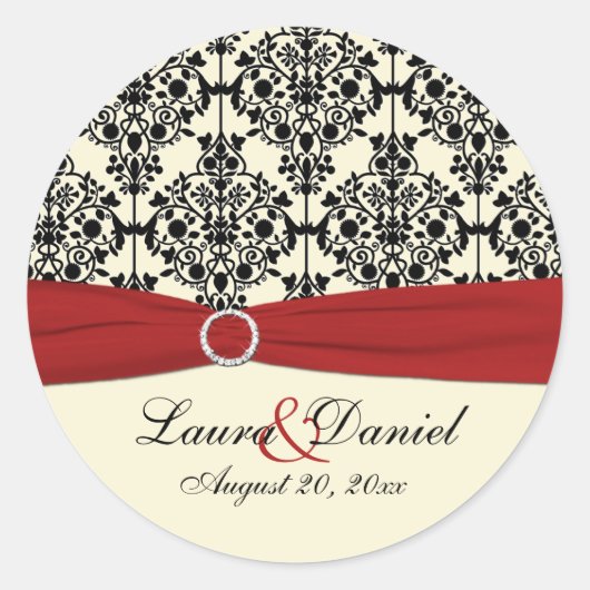 Rood, Ivoor en Zwart Damask 1,5" ronde Sticker (Voorkant)