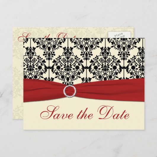 Rood, Ivoor en Zwart Save the Date Briefkaart (Voorkant / Achterkant)