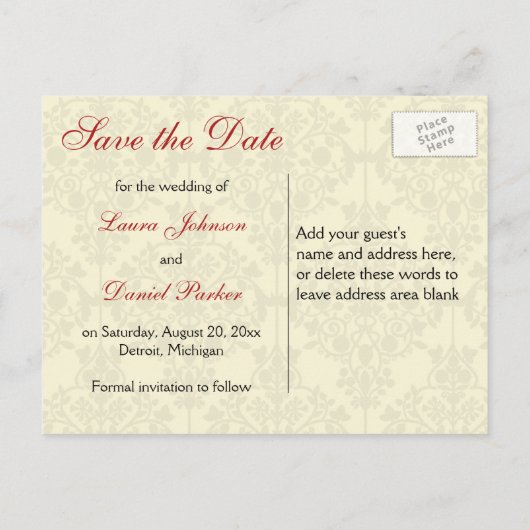 Rood, Ivoor en Zwart Save the Date Briefkaart (Achterkant)