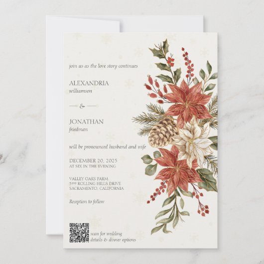 Rood & Ivoor Poinsettias op Ivoor QR Code Bruiloft Kaart (Voorkant)