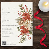 Rood & Ivoor Poinsettias op Ivoor QR Code Bruiloft Kaart