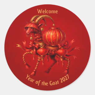 Rood Jaar van de Geit 2027 Lantaarn Ronde Sticker