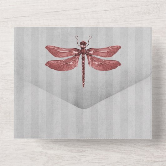 Rood Jeweled Dragonfly Bruiloft All In One Uitnodiging (Achterkant)