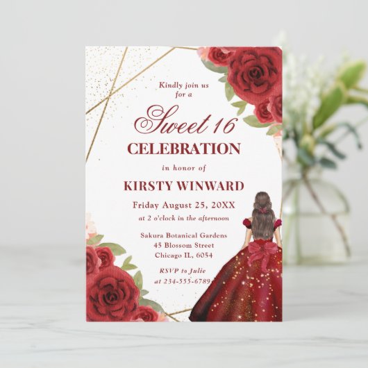 Rood Jurk Brunette Vrouw Bloemen Zoet 16 Kaart (Staand voorkant)