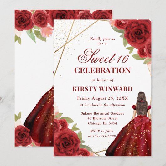 Rood Jurk Brunette Vrouw Bloemen Zoet 16 Kaart (Voorkant / Achterkant)