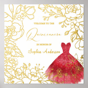 Rood Jurk Goud Bloemen Bladeren Quinceanera Goud Folie Afdrukken