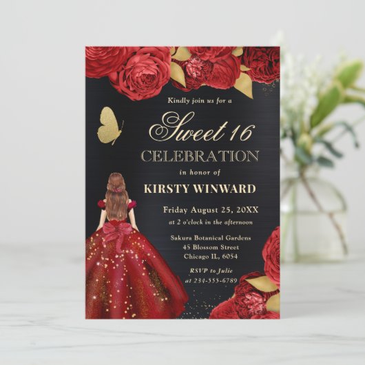 Rood Jurk Rood Haired Vrouw Bloemen Sweet 16 Kaart (Staand voorkant)